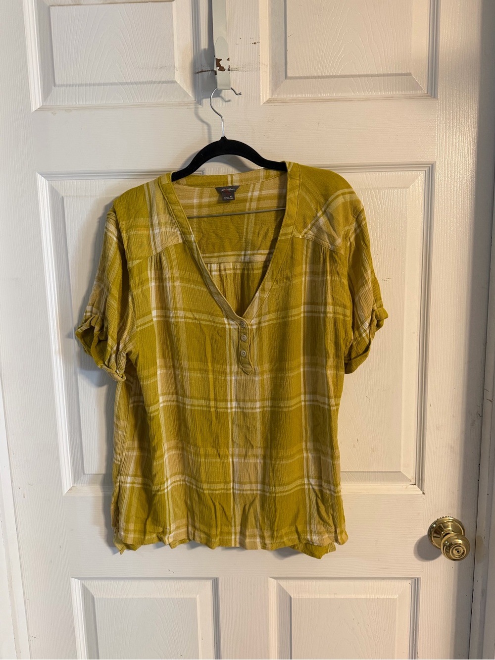Eddie Bauer Yellow Plaid V-Neck Button-Front Blouse